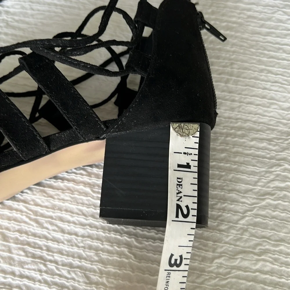 Madden Girl strappy black sandals with tassels and chunky heel 7